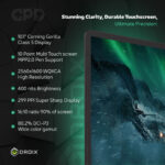 Close up view of the GPD Win Max 2 2025s 101 inch display featuring Corning Gorilla Glass 5 Highlighted specifications include 2560x1600 WQXGA resolution 400 nits brightness 299 PPI sharpness 10 point multi touch MPP20 pen support and an 802 DCI P3 wide color gamut ideal for stunning visuals and precision