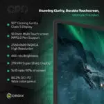 Close up view of the GPD Win Max 2 2025s 101 inch display featuring Corning Gorilla Glass 5 Highlighted specifications include 2560x1600 WQXGA resolution 400 nits brightness 299 PPI sharpness 10 point multi touch MPP20 pen support and an 802 DCI P3 wide color gamut ideal for stunning visuals and precision