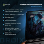 Infographic showcasing the GPD Win Mini 2025 7 inch touchscreen with Corning Gorilla Glass 5 120Hz VRR 1920×1080 FHD resolution 500 nits brightness and 314 PPI Highlights include 10 point multi touch support 169 ratio with 90 screen to body ratio 168 degree opening angle and 100 sRGB color gamut for vivid and smooth visuals