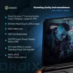 Infographic showcasing the GPD Win Mini 2025 7 inch touchscreen with Corning Gorilla Glass 5 120Hz VRR 1920×1080 FHD resolution 500 nits brightness and 314 PPI Highlights include 10 point multi touch support 169 ratio with 90 screen to body ratio 168 degree opening angle and 100 sRGB color gamut for vivid and smooth visuals