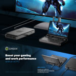 Infographic featuring the GPD Win Mini 2025 connected to an external monitor via USB4 highlighting boosted gaming and productivity performance with an eGPU The GPD G1 dock sold separately ensures high speed connectivity with 40Gbps data transfer