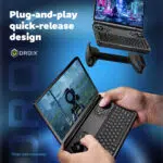 Infographic showcasing the GPD Win Mini 2025s plug and play quick release design for easy grip attachment and detachment Highlights enhanced ergonomics for comfortable gaming sessions with grips sold separately