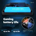 Infographic showcasing the GPD Win Mini 2025 7 inch touchscreen with Corning Gorilla Glass 5 120Hz VRR 1920×1080 FHD resolution 500 nits brightness and 314 PPI Highlights include 10 point multi touch support 169 ratio with 90 screen to body ratio 168 degree opening angle and 100 sRGB color gamut for vivid and smooth visuals