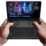 Hands holding the GPD Win Mini 2025 a clamshell handheld PC with a 7 inch 120Hz VRR display powered by AMD Ryzen AI 9 HX 365370 or Ryzen 7 8840U processors Featuring up to 64GB RAM and 4TB NVMe storage it is optimized for gaming and productivity with Hall Effect joysticks a full QWERTY keyboard and stunning cyberpunk themed visuals on the screen