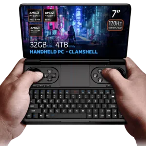 Hands holding the GPD Win Mini 2025 a clamshell handheld PC with a 7 inch 120Hz VRR display powered by AMD Ryzen AI 9 HX 365370 or Ryzen 7 8840U processors Featuring up to 64GB RAM and 4TB NVMe storage it is optimized for gaming and productivity with Hall Effect joysticks a full QWERTY keyboard and stunning cyberpunk themed visuals on the screen