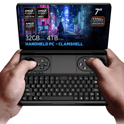 Hands holding the GPD Win Mini 2025 a clamshell handheld PC with a 7 inch 120Hz VRR display powered by AMD Ryzen AI 9 HX 365370 or Ryzen 7 8840U processors Featuring up to 64GB RAM and 4TB NVMe storage it is optimized for gaming and productivity with Hall Effect joysticks a full QWERTY keyboard and stunning cyberpunk themed visuals on the screen