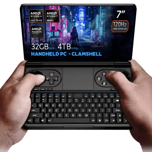 Hands holding the GPD Win Mini 2025 a clamshell handheld PC with a 7 inch 120Hz VRR display powered by AMD Ryzen AI 9 HX 365370 or Ryzen 7 8840U processors Featuring up to 64GB RAM and 4TB NVMe storage it is optimized for gaming and productivity with Hall Effect joysticks a full QWERTY keyboard and stunning cyberpunk themed visuals on the screen