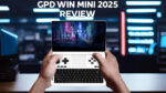GPD WIN MINI 2025 Review A lifestyle shot of a person holding the GPD WIN Mini 2025 in a bright gaming setup The device features a 7 inch display full QWERTY keyboard and gaming controls The screen shows a vibrant cyberpunk style background with text overlay GPD WIN MINI 2025 REVIEW