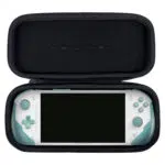 The open ONEXPLAYER ONEXFLY protective case displaying the compact ONEXFLY handheld gaming console snugly fitted inside highlighting the interiors soft secure lining and precise fit