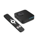 A sleek black RockTek GX1 set top box with a glowing LED strip accompanied by a modern Bluetooth remote control featuring dedicated streaming service buttons