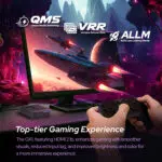 A gaming themed visual emphasizing the RockTek GX1s HDMI 21b support with features like Quick Media Switching Variable Refresh Rate and Auto Low Latency Mode for a seamless gaming experience