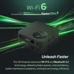 A sleek RockTek GX1 set top box surrounded by green motion lines promoting its advanced WiFi 6 and Bluetooth 52 technologies for faster and more efficient connectivity