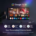 A user friendly interface display of Google TV 12 highlighting curated content recommendations live TV casting capabilities and voice control with Google Assistant