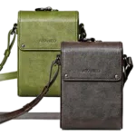 A side-by-side display of two AYANEO leather crossbody bags in green and brown. Both bags are minimalist in design, with embossed branding and adjustable straps.