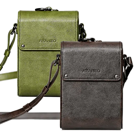 A side-by-side display of two AYANEO leather crossbody bags in green and brown. Both bags are minimalist in design, with embossed branding and adjustable straps.