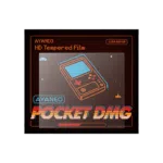 AYANEO Pocket DMG Screen Protector packaging with a retro-themed design featuring an illustration of a handheld gaming console and the text 'AYANEO HD Tempered Film' in vibrant colors.