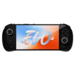 AYANEO Pocket EVO handheld gaming console with a sleek black design and a vibrant 7 inch OLED display showcasing the AYANEO Pocket EVO logo in a dynamic red white and blue gradient