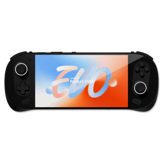 AYANEO Pocket EVO handheld gaming console with a sleek black design and a vibrant 7 inch OLED display showcasing the AYANEO Pocket EVO logo in a dynamic red white and blue gradient