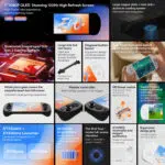 Marketing collage showcasing the AYANEO Pocket EVO highlighting features such as a 7 inch 1080p OLED 120Hz HDR screen Snapdragon G3x Gen 2 gaming platform advanced cooling system ergonomic diagonal button layout and large battery capacity