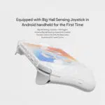 White version of the AYANEO Pocket EVO highlighting its innovative big hall sensing joystick and hall triggers designed for precision control and pro level gaming performance