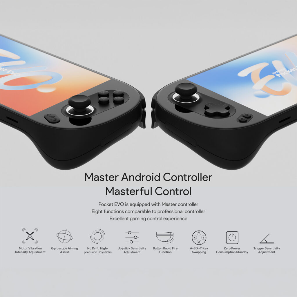 Close-up of the AYANEO Pocket EVO Master Controller in black, featuring high-precision joysticks, trigger buttons, and eight customizable functions for a professional gaming experience.