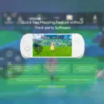 White version of the AYANEO Pocket EVO showcasing its quick key mapping feature for seamless gaming without third party software displayed with a vibrant game screen and customizable settings