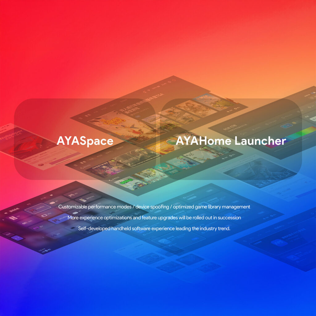 AYASpace and AYAHome launcher interface, showcasing customizable performance modes, optimized game library management, and seamless user experience on the AYANEO Pocket EVO.