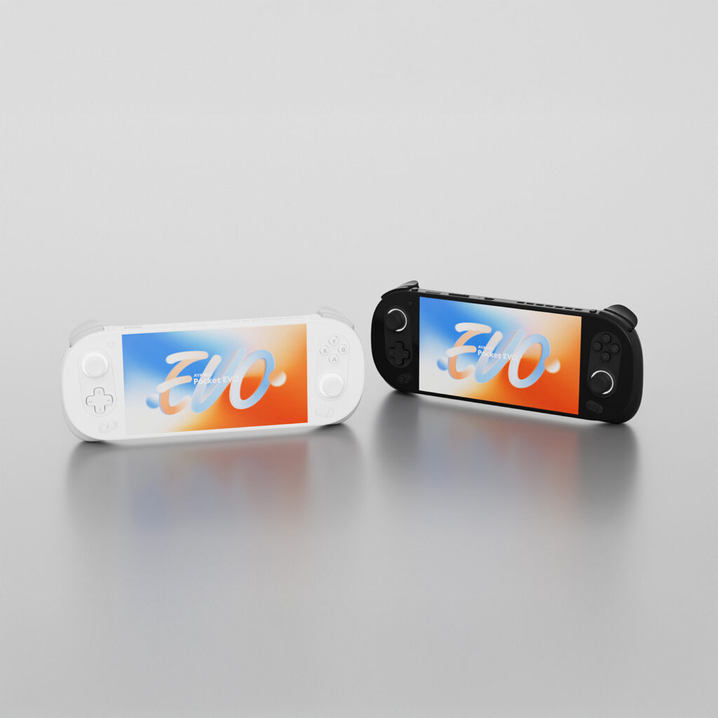 Side-by-side comparison of the white and black variants of the AYANEO Pocket EVO, highlighting its modern and sleek design with a vibrant display.