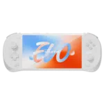 AYANEO-POCKET-EVO-WHITE-LISTING-01 AYANEO Pocket EVO handheld gaming console with a sleek white design and a vibrant 7-inch OLED display showcasing the AYANEO Pocket EVO logo in a dynamic red, white, and blue gradient.