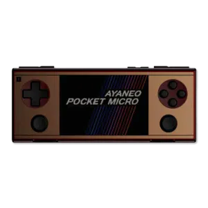 Front view of the AYANEO Pocket Micro in Gold described as Retro Gold displaying the same game as the black version This image highlights the devices color variety while maintaining identical button layout and screen display