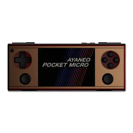 Front view of the AYANEO Pocket Micro in Gold described as Retro Gold displaying the same game as the black version This image highlights the devices color variety while maintaining identical button layout and screen display