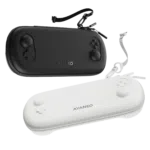 AYANEO Pocket EVO Cases in black and white variants, featuring a sleek and ergonomic design with a detachable strap for easy carrying. The cases are shaped to protect the device, with a texture that ensures durability and style