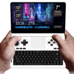 Hands holding the white variant of the GPD Win Mini 2025 a sleek clamshell handheld PC with a 7 inch 120Hz VRR display AMD Ryzen AI Pro 9 HX processor AMD Radeon Graphics 32GB RAM and 2TB NVMe storage set against a futuristic cyberpunk themed background