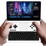 GPDWINMINI2025INFOGRAPHIC370WHITE32201 DROIX Global Hands holding the white variant of the GPD Win Mini 2025 a sleek clamshell handheld PC with a 7 inch 120Hz VRR display AMD Ryzen AI Pro 9 HX processor AMD Radeon Graphics 32GB RAM and 2TB NVMe storage set against a futuristic cyberpunk themed background