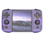 A front facing view of the R46S gaming handheld in a transparent purple design The layout includes a D pad analog sticks colorful XYAB buttons and the screen displaying a sports car against a scenic backdrop