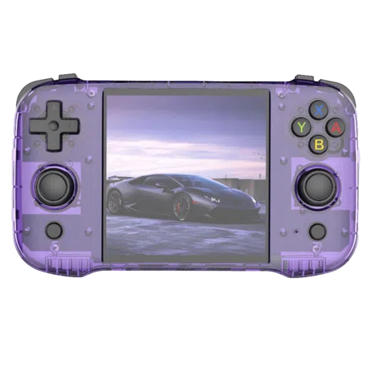 A front facing view of the R46S gaming handheld in a transparent purple design The layout includes a D pad analog sticks colorful XYAB buttons and the screen displaying a sports car against a scenic backdrop