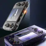Two gaming handheld devices one in a transparent black design shown in a vertical position and the other in a transparent purple design placed horizontally showcasing the screens and controls