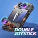 The handheld device positioned vertically emphasizing its double joystick setup with colorful lighting effects around the joysticks