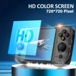A gaming handheld device with a clear casing featuring an HD color screen with a 720x720 pixel resolution A transparent HD screen protector is shown above the screen
