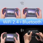 A WiFi 24 and Bluetooth feature demonstration with two handheld devices wirelessly connected and a Bluetooth enabled controller being used
