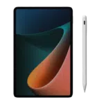 Tablet with a black frame and a vibrant screen displaying an abstract gradient design in green blue and orange hues accompanied by a white capacitive stylus with a smooth minimalist design