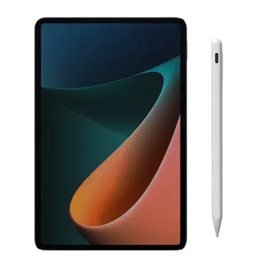 Tablet with a black frame and a vibrant screen displaying an abstract gradient design in green blue and orange hues accompanied by a white capacitive stylus with a smooth minimalist design