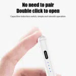 Close up view of the white capacitive stylus with a fingertip double tapping its capacitive induction switch showcasing the text No need to pair Double click to open Simple and smooth operation