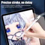 White capacitive stylus in use on a tablet screen drawing a detailed anime character with bright blue eyes Text highlights Precise stroke no delay with reference to the styluss high speed signal antenna