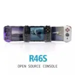 A lineup of R46S consoles in purple black and white variations each displaying different visuals on their screens accompanied by the text R46S OPEN SOURCE CONSOLE