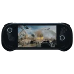 A front-on view of the black AYANEO 3 handheld gaming console against a black background. The screen displays an intense military action scene with explosions, helicopters, and tanks on a battlefield. The controls feature a black D-pad and analog stick on the left, and black face buttons and an analog stick on the right. Both analog sticks are illuminated with a bright white/blue circular glow.