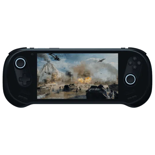 A front on view of the black AYANEO 3 handheld gaming console against a black background The screen displays an intense military action scene with explosions helicopters and tanks on a battlefield The controls feature a black D pad and analog stick on the left and black face buttons and an analog stick on the right Both analog sticks are illuminated with a bright whiteblue circular glow