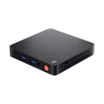 A compact Beelink T5 Mini PC with a black finish Intel branding USB 30 ports a headphone jack a power button and ventilation on the sides