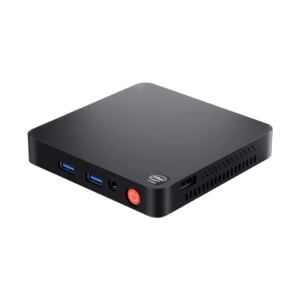 A compact Beelink T5 Mini PC with a black finish, Intel branding, USB 3.0 ports, a headphone jack, a power button, and ventilation on the sides.
