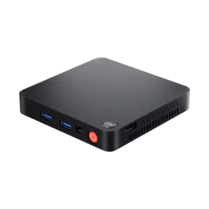 A compact Beelink T5 Mini PC with a black finish Intel branding USB 30 ports a headphone jack a power button and ventilation on the sides